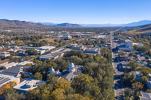 Aerial view of a city with many buildings, trees, and mountains in the distance