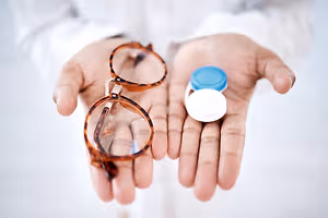 A person is holding a pair of glasses and a contact lens container in their hands, standing in front of a white wall. The person is wearing a white long-sleeve shirt and is holding the glasses and contact lens container in their hands, possibly in a laboratory setting.