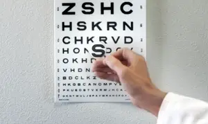 A hand is holding a piece of plastic that is covering a letter on a vision test chart, indicating a possible visual impairment assessment