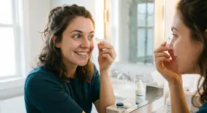 A woman with a blue sweater is holding a tube of medicine in her hand and looking at it in a mirror