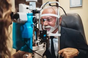 Elderly man having his eyes examined by a doctor with an ophthalmoscope