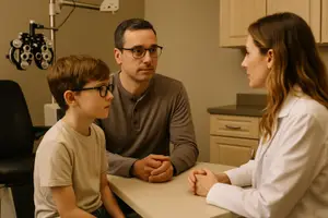 A doctor talks to a young boy and a man at an optometrist's office