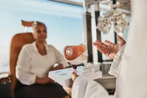 An optometrist is showing an eye model to a patient in an office.