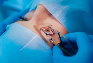 A person undergoing an eye surgery with a blue surgical cap and wearing blue gloves