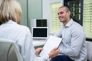 A man wearing a gray long-sleeve shirt and blue pants is sitting in a chair while smiling and holding a notebook with a pen. Next to him is a woman in a white long-sleeve shirt sitting on a chair, holding a pen, and looking at him.