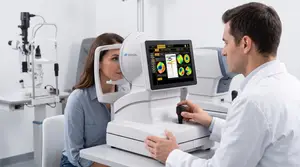 A woman is undergoing an eye exam in a clinic with a doctor, the doctor is adjusting a Topcon device for the exam