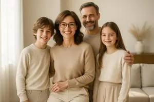 A family of four is smiling and posing for a photo inside a living room.