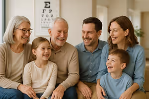 A family of four adults and two children sitting on a couch, smiling and looking at the camera.