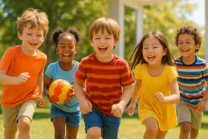 Five young children in bright colors run and laugh on a sunny day, holding a soccer ball.