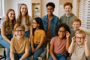 A group of children and young adults wearing glasses and smiling for a photo inside an optometrist's office.