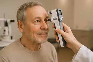 An older man has his eye examined with a tonometer by a healthcare professional