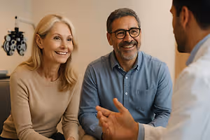An older woman and man sit together in a doctors office, smiling and talking to a man in a white lab coat.