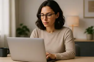 Woman wearing glasses is sitting in front of a laptop on a table while looking down at the screen.