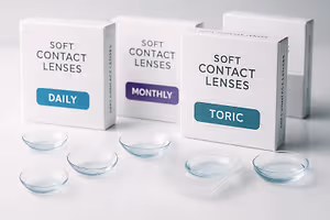 A close up of three boxes of soft contact lenses with some lenses in cases around them
