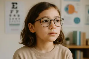 A young girl wearing glasses is looking to the side in a room with a blurry background showing a chart and a bookshelf.