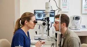A man is having his eyes examined by a female optometrist in a blue uniform using an eye examination device