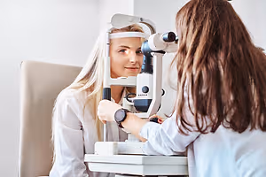 A woman is getting her eyes checked by a doctor wearing a watch.