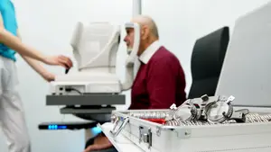 An elderly man is having an eye test at a clinic, with a healthcare worker nearby.