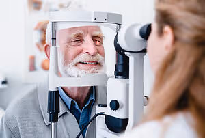 An elderly man is having his eyes examined by a woman using a medical instrument