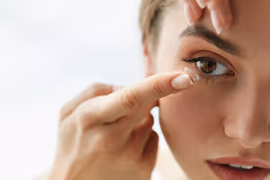 woman placing a contact lens into her eye