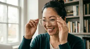 A woman wearing glasses with a smiling face, holding her glasses in her hands and seems to be posing for a photograph.