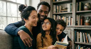 A family of four is sitting together on a couch, smiling and posing for a picture with a bookshelf in the background.