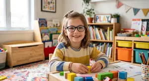 Young girl wearing glasses and smiling while playing with blocks on a table