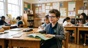 A group of students are sitting at desks in a classroom, one of them reading a book.