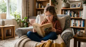 A little girl in a red sweater and glasses is sitting on a chair and reading a book called The Secret Garden