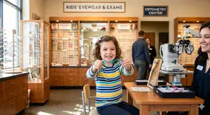 A little girl is holding up a pair of blue glasses while sitting in a chair in a children's eyewear and exams shop.