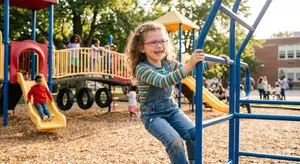 A group of children playing in a playground with a yellow slide and a blue climbing structure.