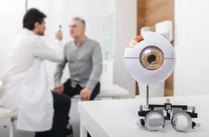 A doctor is examining a patient's eye in an eye clinic.