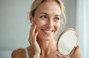 A woman looking at herself in a mirror with a smile on her face.
