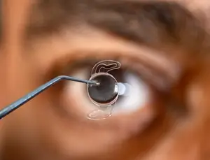 Close-up of a man's eye with a clear contact lens being placed with tweezers.