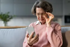 An elderly woman holding a tablet and adjusting her glasses.