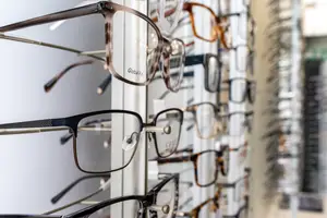 A row of glasses displayed on a rack in a store