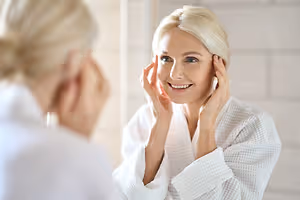 A woman in a white robe is looking at her reflection in a mirror while smiling