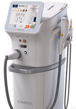 A white medical device with a screen and a handle on a green background