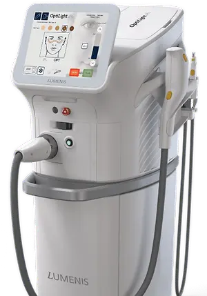 A white medical device with a screen and a handle on a green background