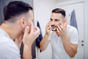 A man in a white t-shirt is looking at himself in the mirror, possibly checking his appearance.