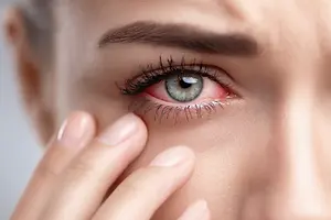 Close up of a woman's face with her hand touching her eye, possibly experiencing a red eye condition.