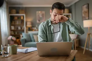 Man sitting at a desk with a laptop and holding glasses in his hand while looking tired.