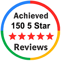 Badge stating "Achieved 150 5 Star Reviews" with five red stars