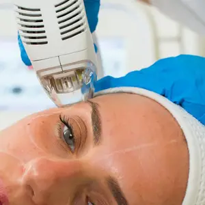 A woman having her face treated with an RF microneedling device
