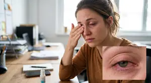 A woman sitting at a desk with her hand on her forehead and an image of her eye in the corner