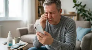 A man rubbing his eyes while looking at his phone