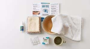 Dry eye care products displayed on a table