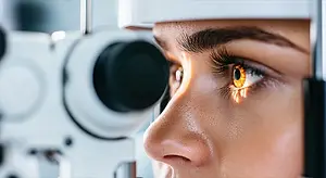 Close-up of an eye being examined with a slit lamp