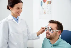 A woman in a white coat examines a man's eyes using specialized glasses in a clinic