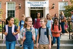 A group of children with backpacks walking up the steps to a school building with a banner reading Welcome Back Students!